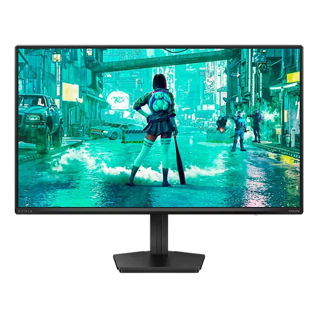 Monitor Gamer Philips Evnia 27 polegadas com tela IPS, taxa de atualização de 144Hz, tempo de resposta de 0,5ms, HDR e tecnologia G-Sync, na cor preta.