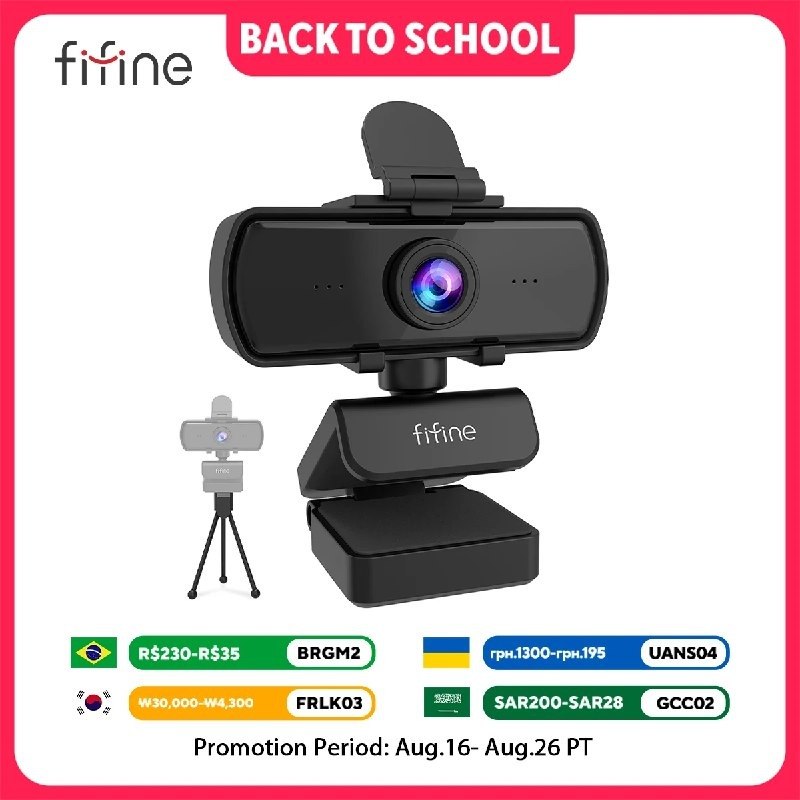 Webcam FIFINE K420 7 Full HD 1440p com microfone integrado e tripé, design preto e azul, posicionada sobre uma superfície plana.