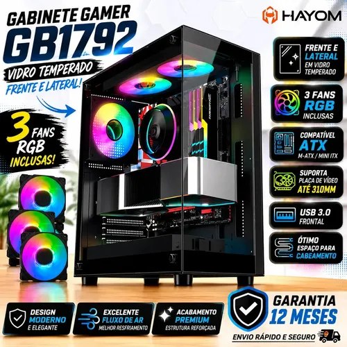 Gabinete Gamer Mid Tower GB1792 com painel em vidro temperado, 3 fans RGB, estrutura ATX e design moderno para montagem de PC
