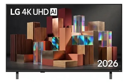 Smart TV LG 75 polegadas 4K UHD com tela exibindo interface do WebOS 26 e aplicativos