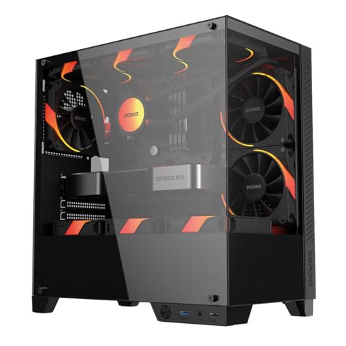 Gabinete gamer PCYES ForceField TWR Black Vulcan com vidro temperado lateral, estrutura em aço preto fosco com detalhes vermelhos neon e suporte para até 9 ventiladores de 120mm