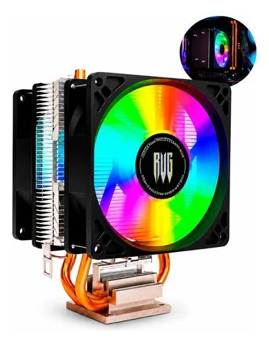 Cooler duplo RGB para CPU com dissipador metálico e iluminação colorida, compatível com processadores Intel e Ryzen.