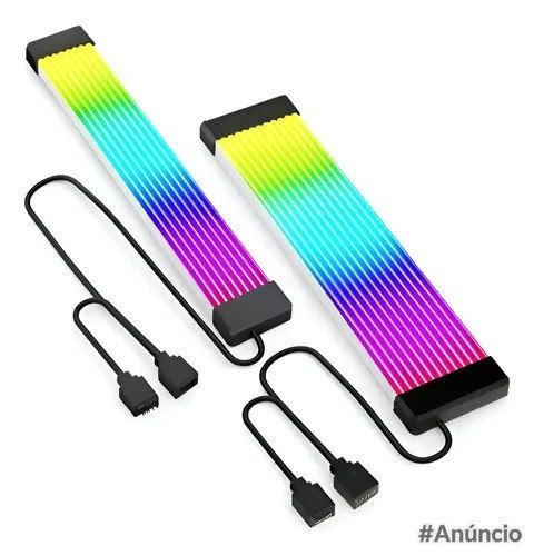 Kit com dois cabos ARGB pretos, um com conectores de 3 pinos e outro com 8 pinos, para conexão em placa-mãe e GPU.