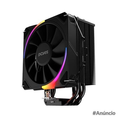 Cooler Pcyes Frost Pulse ARGB preto com iluminação ARGB e ventilador de 120mm, projetado para processadores com TDP de até 180W