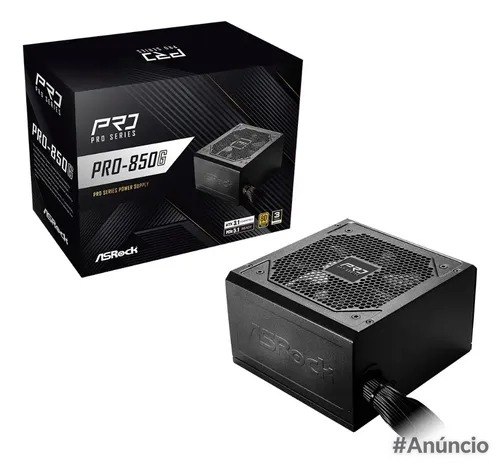 Fonte Asrock Pro 850W 80 Plus Gold ATX 3.1 com design preto e detalhes em preto
