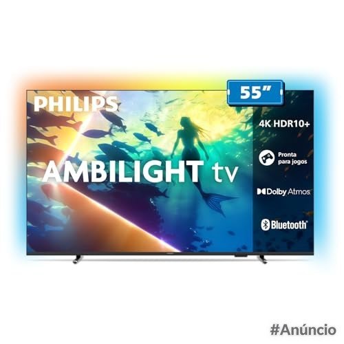 Smart TV Philips Ambilight 55 polegadas 4K com tela iluminada por Ambilight e sistema Dolby Atmos