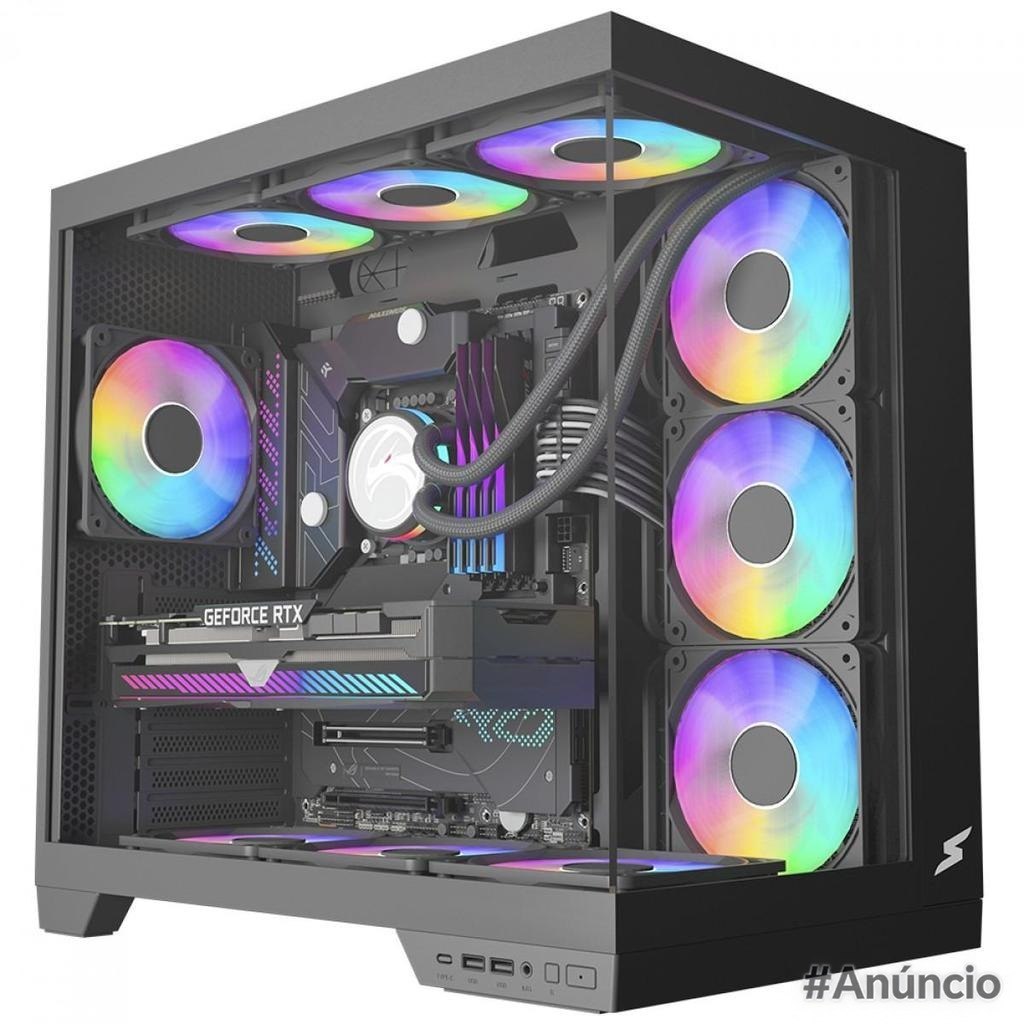 Gabinete gamer SuperFrame Vhagar ATX na cor preta com iluminação RGB interna e painel lateral transparente