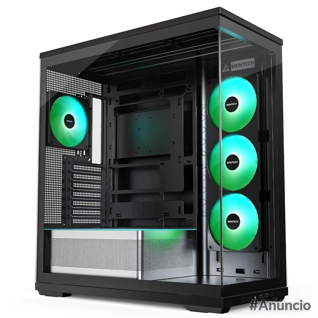 Gabinete gamer Montech TG3 Mid Tower com 4 ventiladores ARGB, estrutura ATX e painel lateral em vidro temperado, cor preta