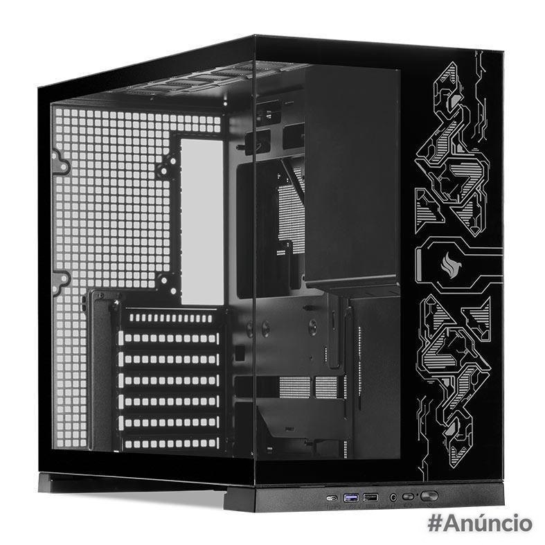 Gabinete Gamer Pichau Cypher Mid-Tower com lateral de vidro temperado, estrutura preta e detalhes em preto fosco