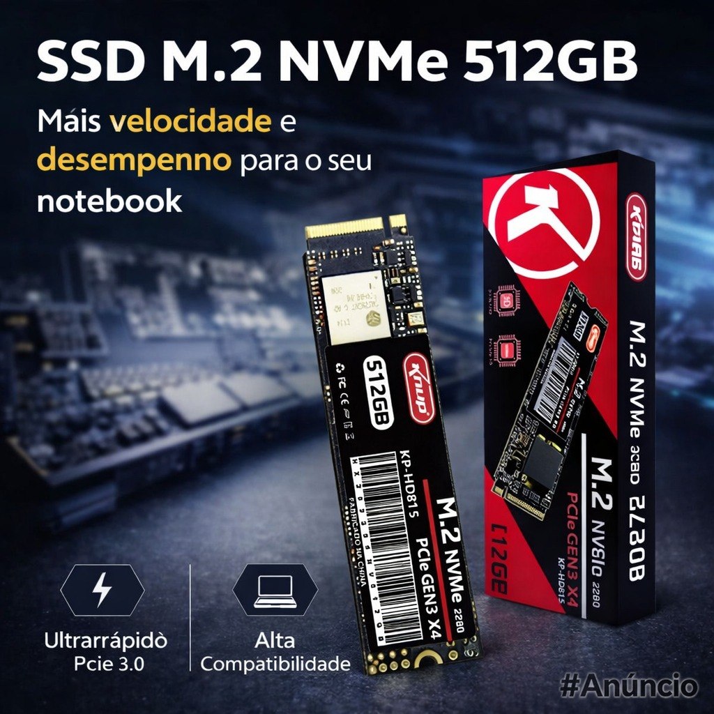 SSD M.2 NVMe 512GB SpeedRam KNUP com interface PCIe Gen3 X4 e formato M.2 2280, apresentado em destaque com detalhes da placa e conectores