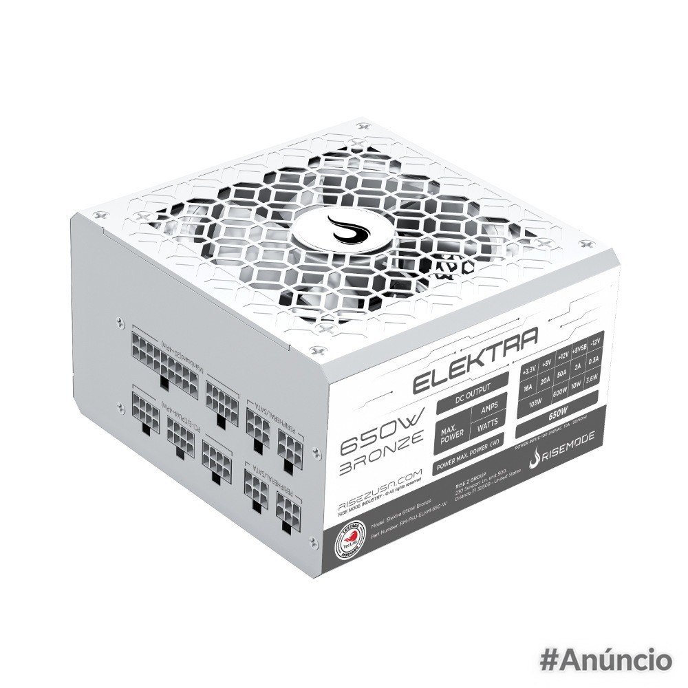 Fonte Gamer Rise Mode Elektra 650W 80 Plus Bronze com design Full Modular e certificação PFC Ativo, exibida em destaque com detalhes dos conectores modulares