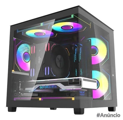 Gabinete gamer Aigo Luna A275 Mini-Tower preto com lateral de vidro e três fans RGB iluminadas