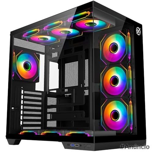 Gabinete Kalkan Skye Preto com design de aquário e iluminação RGB, compatível com placas-mãe ATX e painel frontal com USB 3.0