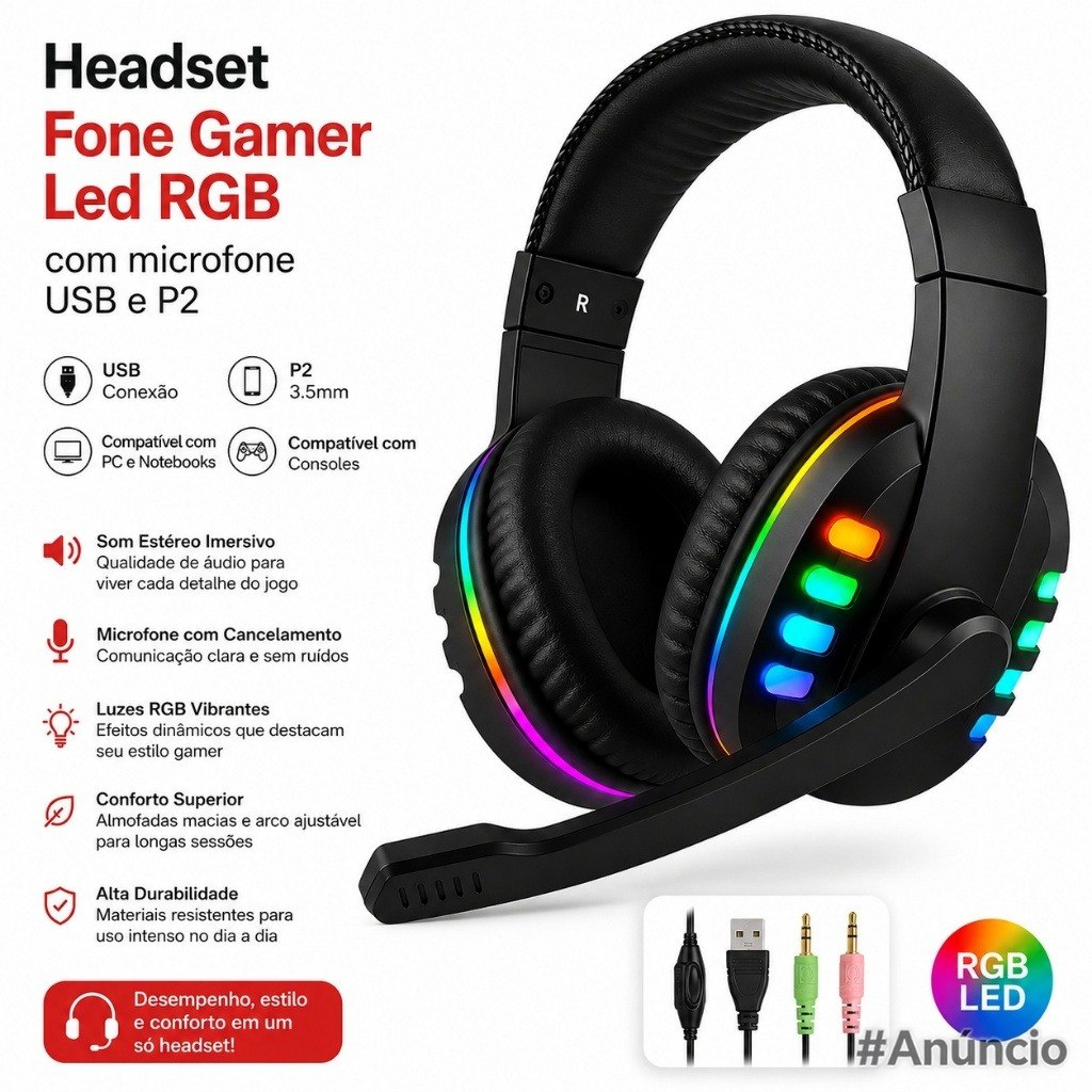 Headset gamer RGB com microfone USB e P2