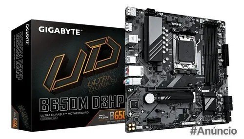 Placa mãe Gigabyte B650M Ultra D3HP AM5 com conectores e slots expostos, design preto e compatível com processadores AMD Ryzen 7000.