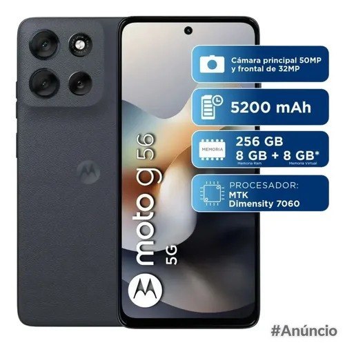 Smartphone Motorola Moto G56 5G na cor preta, com câmeras duplas na parte traseira e tela frontal exibindo detalhes do aparelho