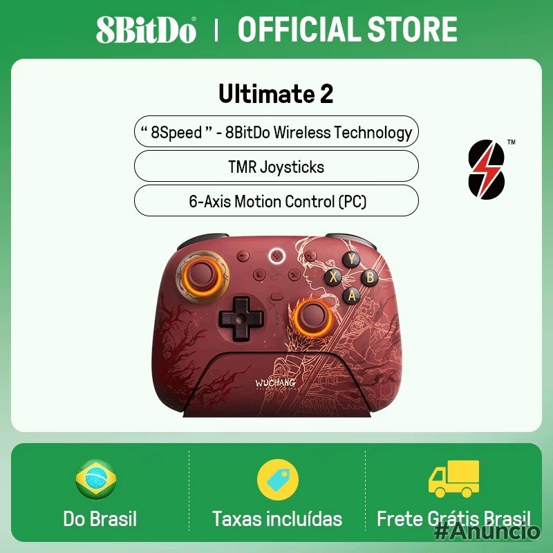 Controle 8BitDo Ultimate 2 Wireless na cor vermelha com joysticks TMR, botões ABXY, gatilhos e motion control, exibindo a marca WUCHANG na parte inferior