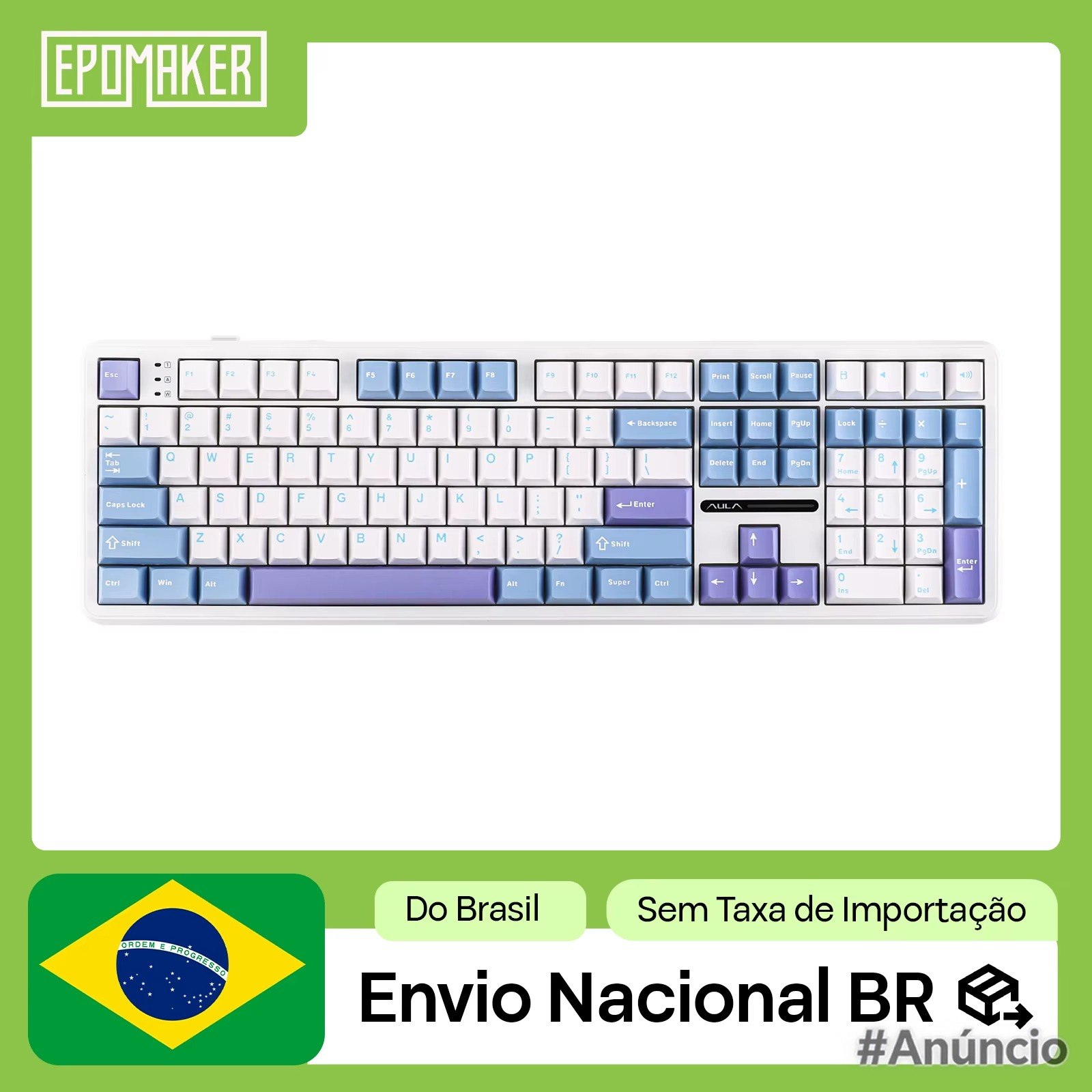 Teclado mecânico EPOMAKER x AULA F108 com layout ANSI 100%, retroiluminação RGB e conectividade via fio, 2.4GHz e Bluetooth
