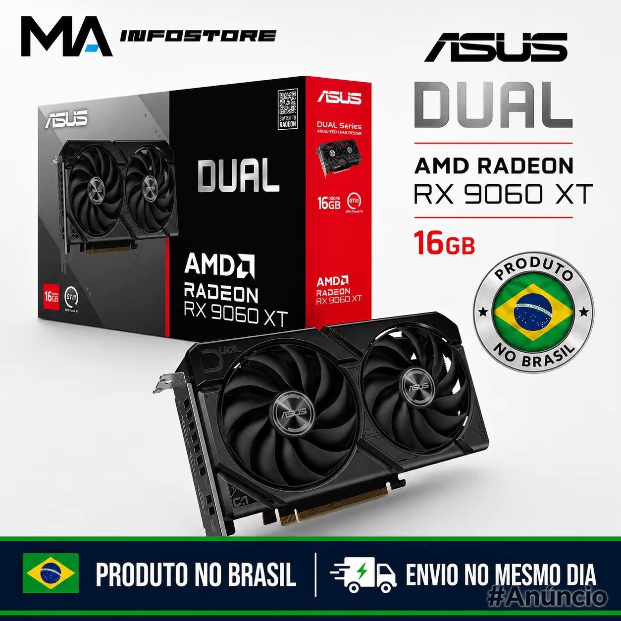 Placa de vídeo Asus AMD Radeon RX 9060 XT Dual com 16GB GDDR6, design preto e vermelho, dois ventiladores e conectores de alimentação
