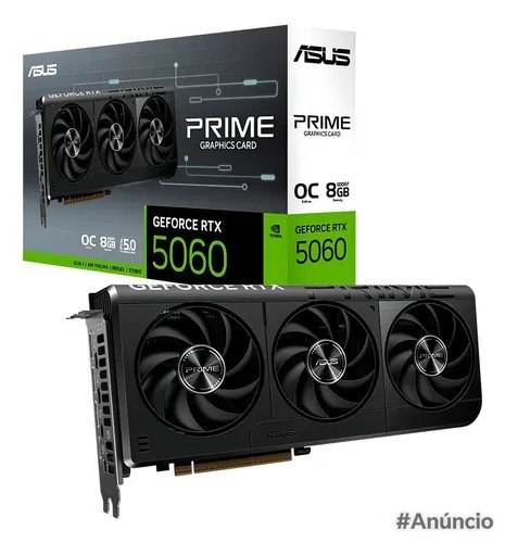 Placa de vídeo ASUS GeForce RTX 5060 Prime OC Edition com 8GB de memória GDDR6, design preto e verde, três ventiladores e dissipador térmico