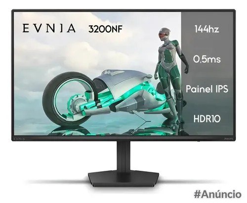 Monitor Gamer Philips Evnia 24 polegadas com tela IPS Full HD, taxa de atualização de 144Hz e tempo de resposta de 0.5ms, exibindo imagem de um personagem de jogo em ação