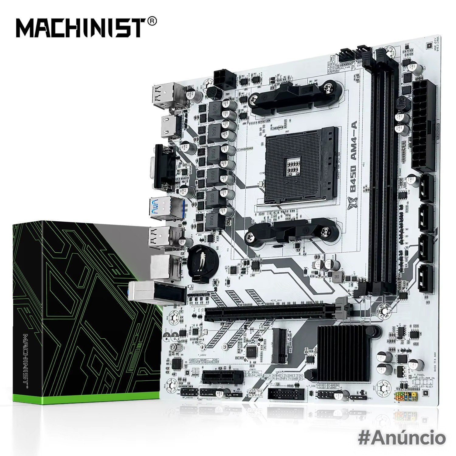 Placa mãe AMD B450 Machinist com conectores e slots para processador, memória DDR4, M.2 e portas USB