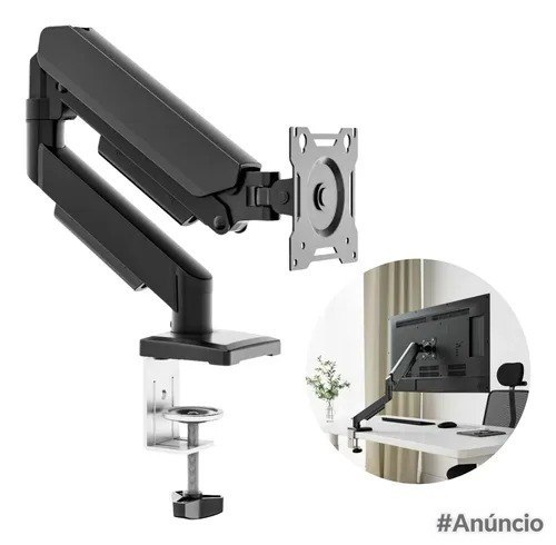Suporte articulado de mesa com pistão a gás para monitores de 13 a 32 polegadas, na cor preta com pintura eletrostática, exibindo ajuste de altura e base estável