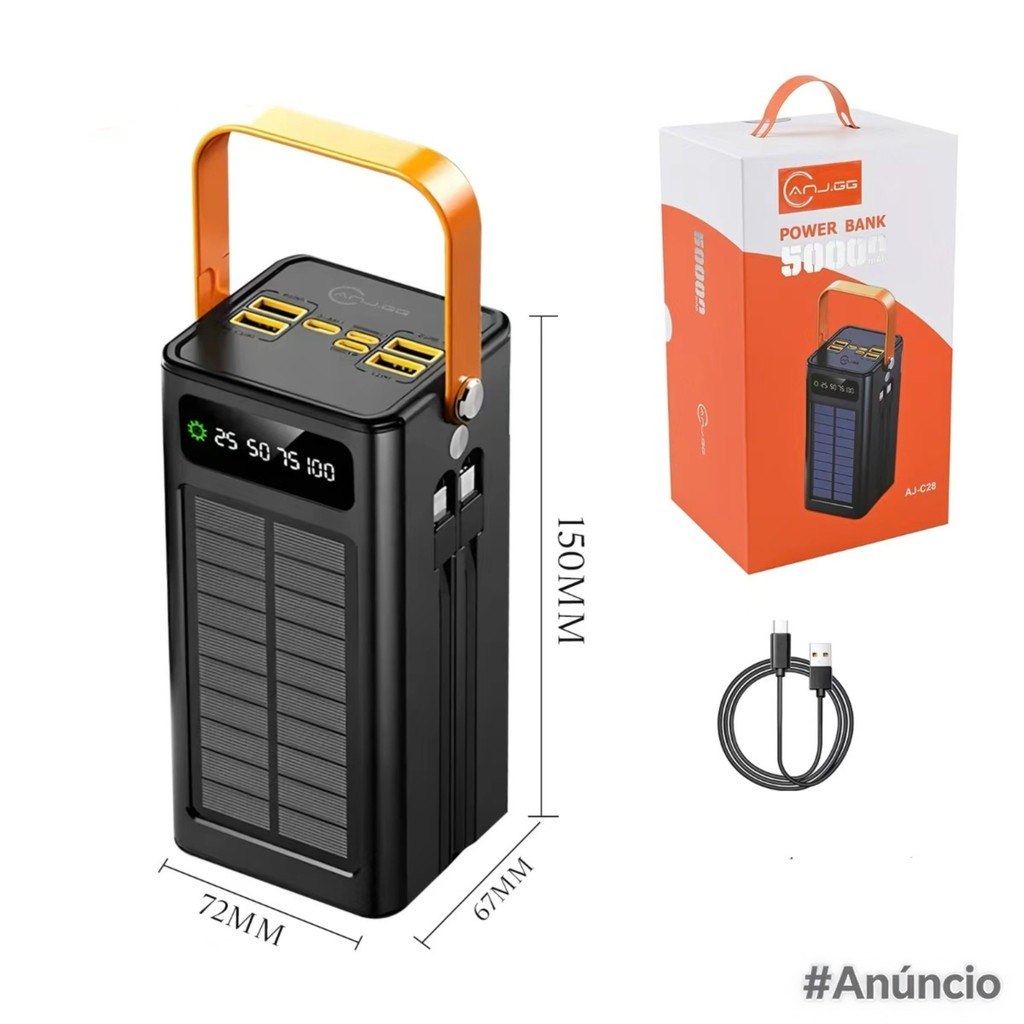 Power Bank Solar 50000mAh na cor laranja e preto, com cabo USB universal integrado e display de LED para monitoramento de carga