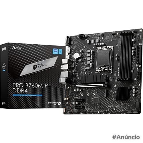 Placa mãe MSI PRO B760M-P DDR4 com soquete LGA 1700, slots para memória RAM DDR4 e portas HDMI, DisplayPort e VGA