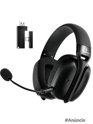 Headset gamer sem fio Titorion Mintak Pro na cor preta, com microfone integrado e design ergonômico
