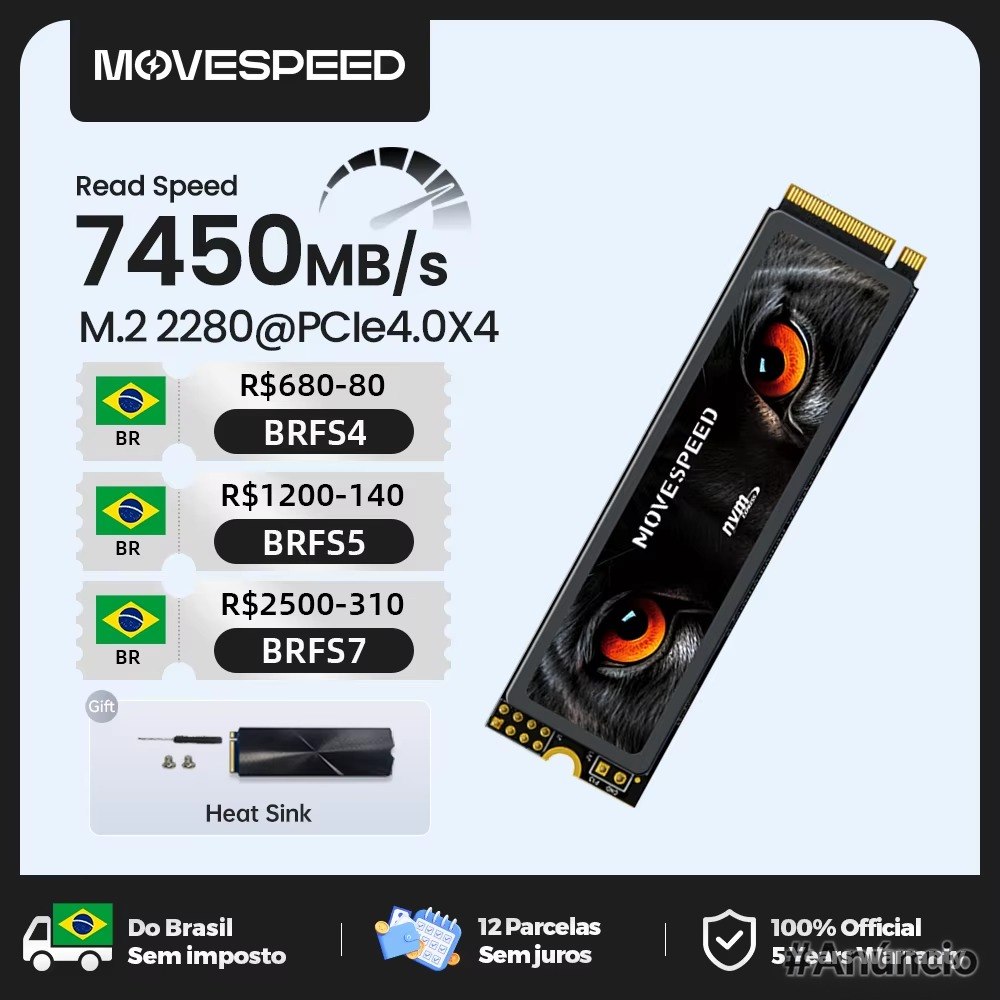 SSD NVMe Movespeed 1TB PCIe 4.0x4 com dissipador de calor integrado, formato M.2 2280, exibindo detalhes do chip e conectores