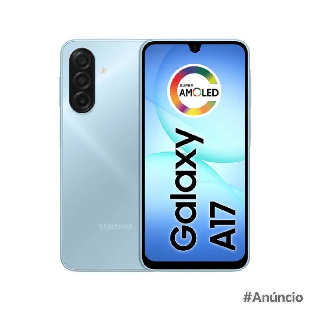 Smartphone Samsung Galaxy A17 4G com tela de 6.7 polegadas e câmera tripla na parte traseira