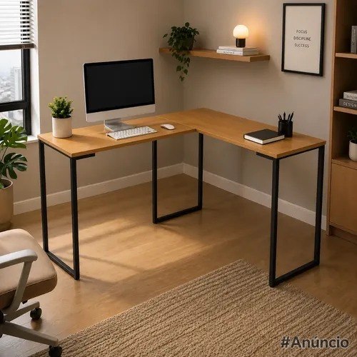 Mesa em L escrivaninha de canto Nature Preto com design moderno em tom preto fosco, duas prateleiras integradas e estrutura em MDF