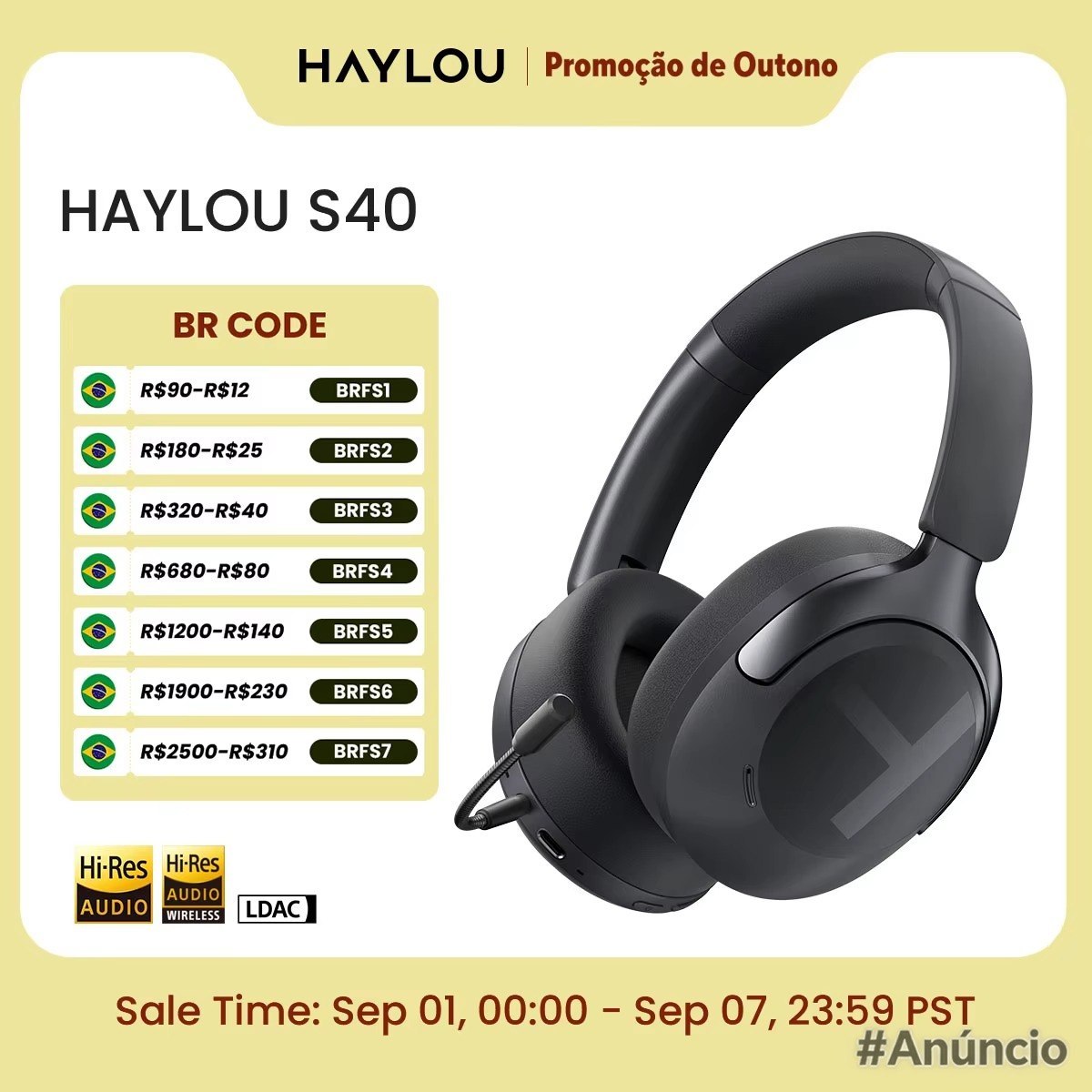 Fone de ouvido sem fio HAYLOU S40 ANC na cor preta, com design over ear e almofadas acolchoadas, exibindo detalhes do controle e do cabo