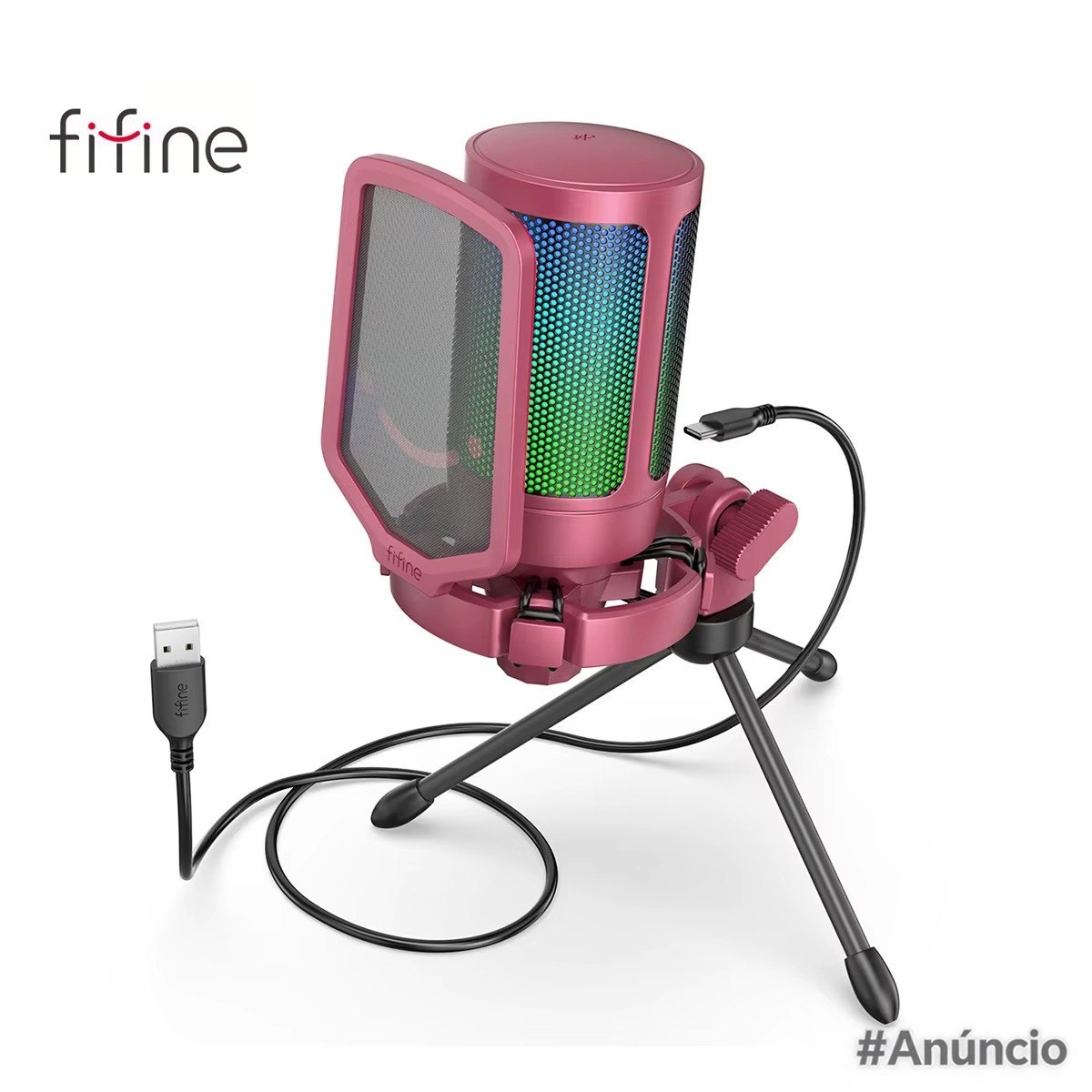 Microfone Fifine A6V com cabo flexível e design retrátil, na cor rosa