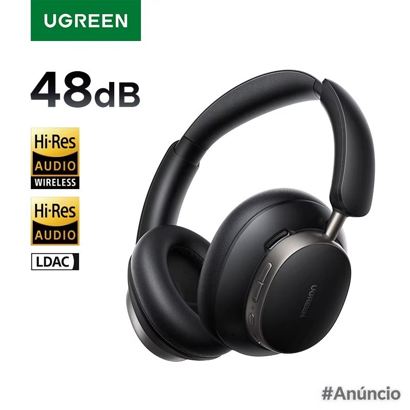 Fone de ouvido sem fio Ugreen Studio Pro 48dB com cancelamento de ruído ativo, design preto e detalhes em cinza