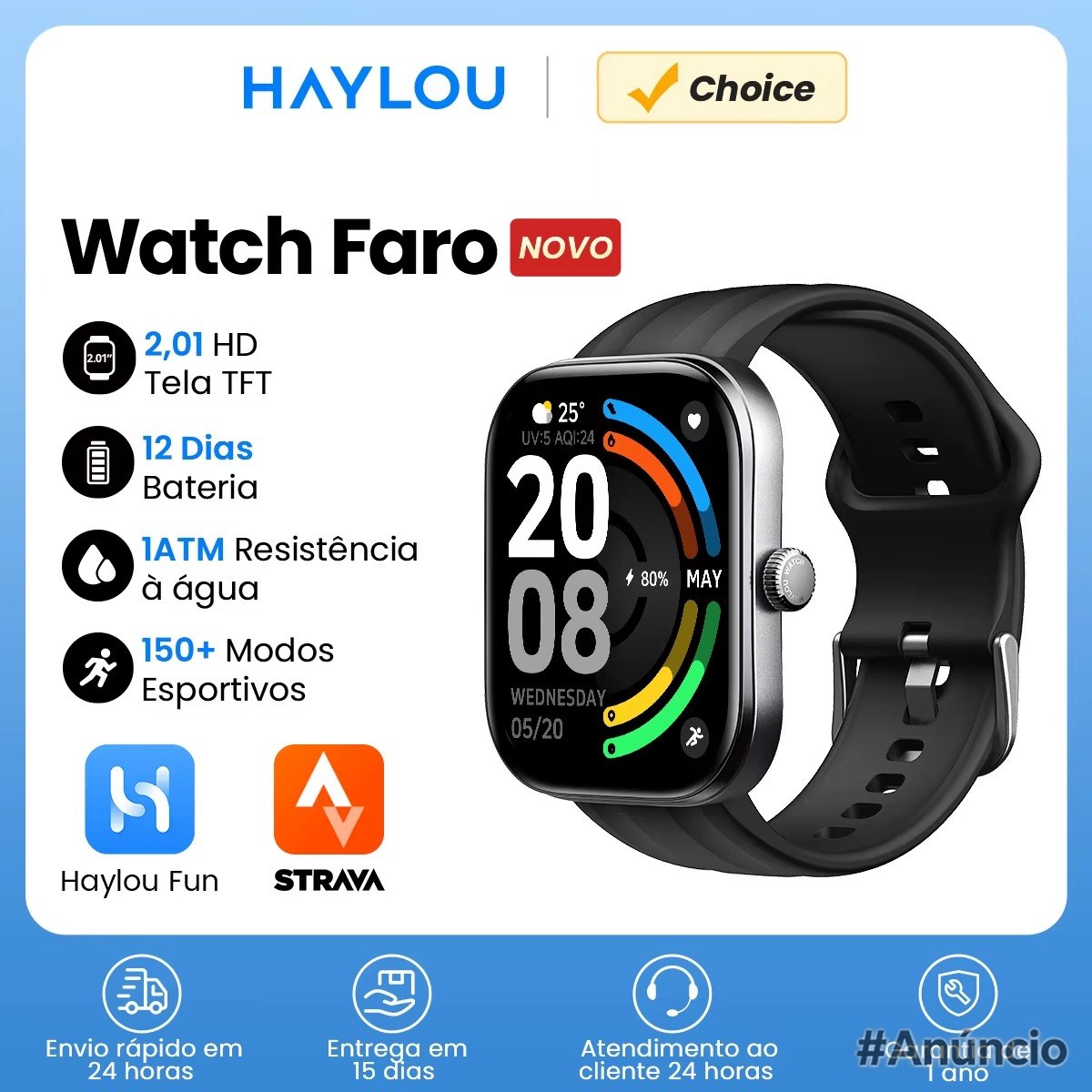 Smartwatch Haylou Watch Faro Novo com tela TFT HD de 2 polegadas, design preto e pulseira preta