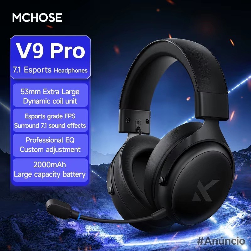 Headset gamer Mchose V9 Pro com design preto e drivers de 53mm, conectado via cabo USB