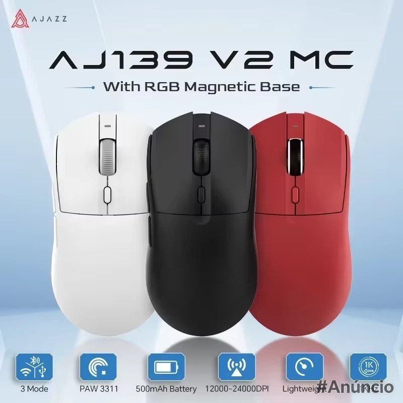 Mouse sem fio Ajazz AJ139 V2 com base magnética RGB, sensor PAW 3311 e design ergonômico em cores preta e vermelha