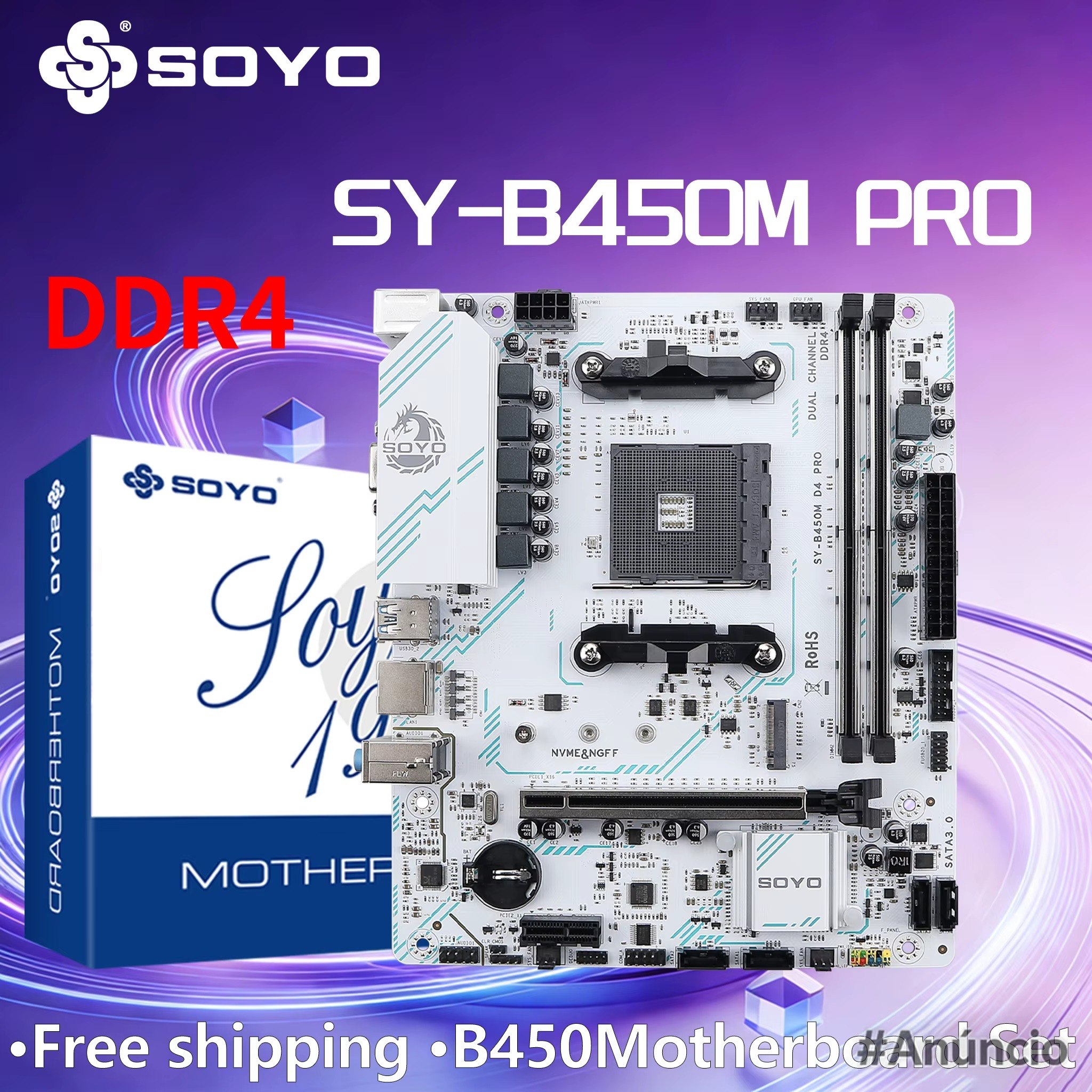 Placa-mãe SOYO SY-B450M PRO com soquete AM4, slots DDR4, M.2 NVMe, PCIe 3.0 x16, conectores SATA3.0, HDMI, VGA e entrada de energia 8PIN