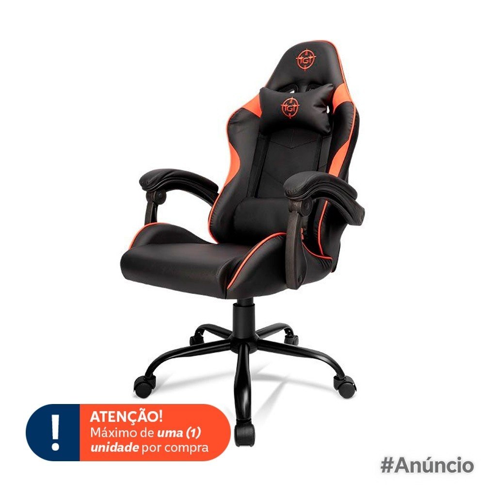 Cadeira gamer TGT Heron TC3 na cor preta com detalhes em vermelho, vista lateral mostrando estrutura ergonômica e braços ajustáveis