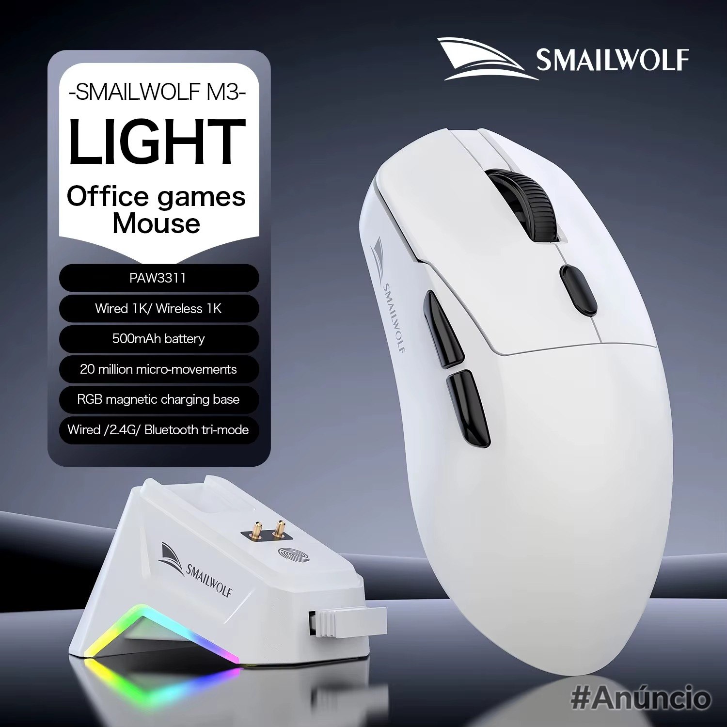 Mouse Gamer SMAILWOLF M3 Light com sensor PAW3311
