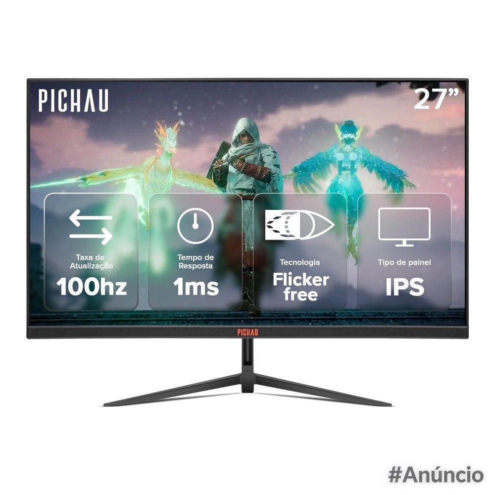 Monitor Gamer Pichau Athen V3S 27 polegadas com painel IPS, design moderno em tom azul e detalhes em verde, conectores HDMI e VGA visíveis na lateral.