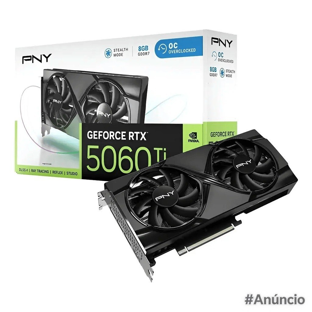 Placa de vídeo PNY GeForce RTX 5060 Ti OC com 8GB GDDR7, design preto e dissipador de calor, conectores de alimentação visíveis