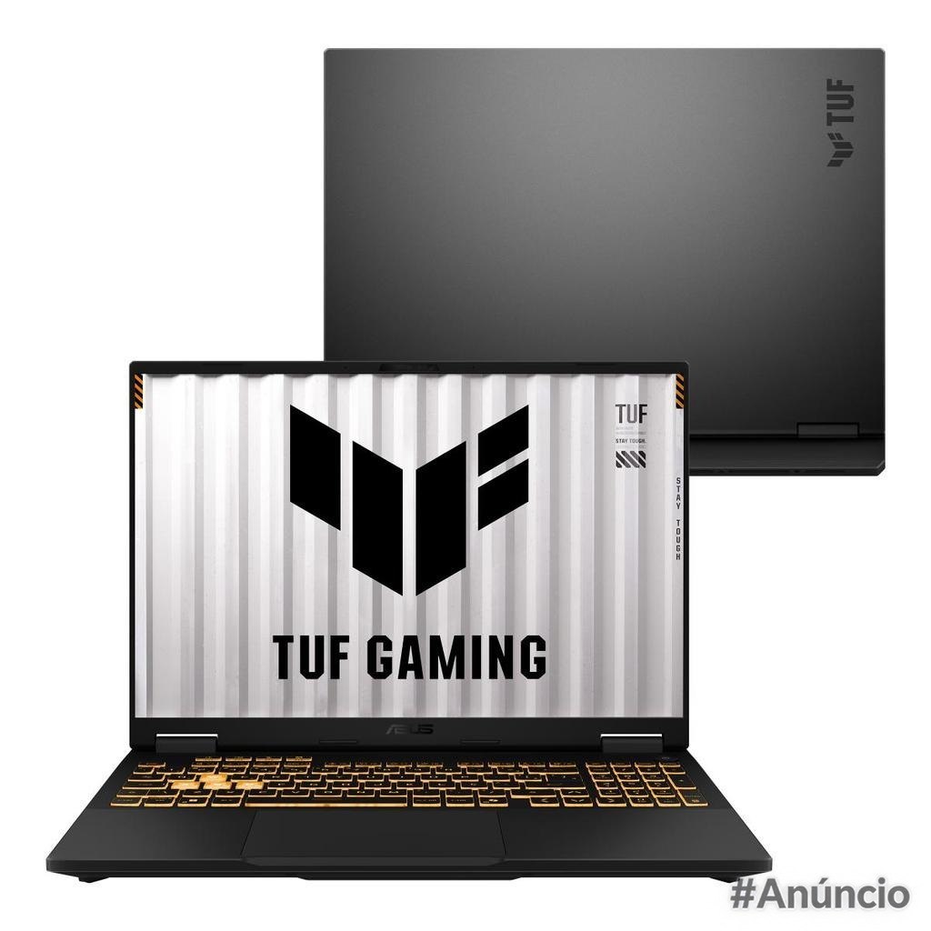 Notebook ASUS TUF Gaming F16 com tela de 16 polegadas LED FHD+ nível IPS, design preto e detalhes em laranja, teclado retroiluminado e placa de vídeo NVIDIA RTX 5060