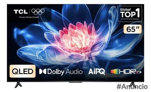 Smart TV TCL de 65 polegadas com tecnologia QLED e resolução 4K UHD exibindo uma imagem de flor colorida na tela
