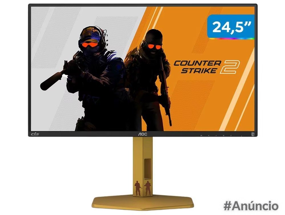 Monitor gamer AOC Gaming CS25G de 24,5 polegadas com arte temática de Counter-Strike 2 na tela e base dourada personalizada