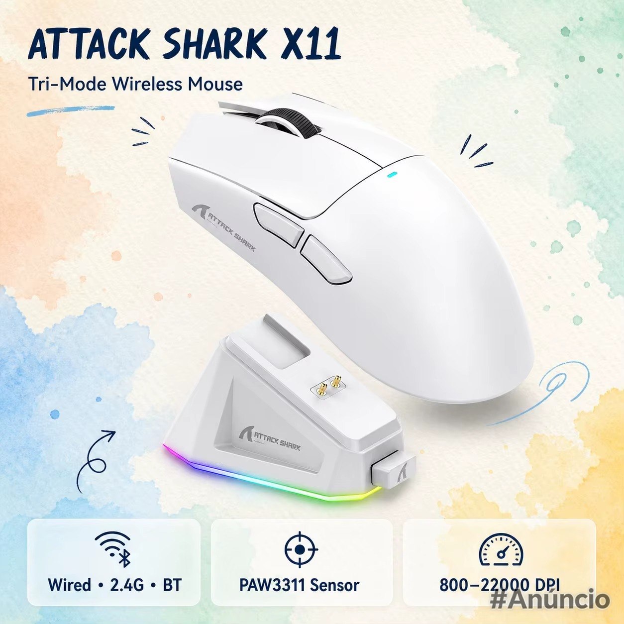 Mouse gamer branco ATTACK SHARK X11 com base de carregamento magnético RGB e conectividade tri-mode.