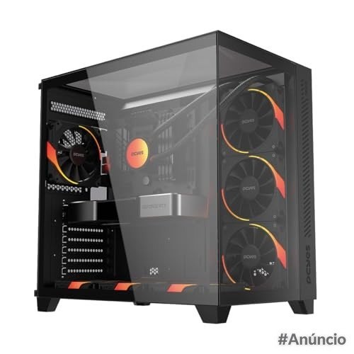 Gabinete Gamer PCYES Forcefield Max Black Vulcan na cor preta, formato Mid-Tower com painel lateral em vidro temperado e interior visível
