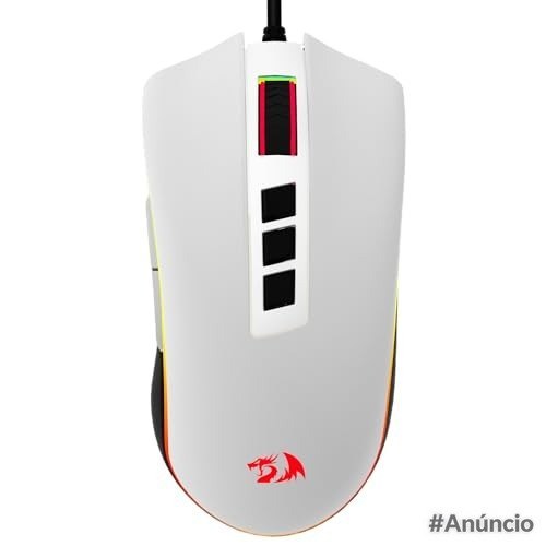 Mouse gamer Redragon Cobra V2 Special Edition na cor branca com detalhes em preto, botões superiores e iluminação RGB visível na parte frontal.